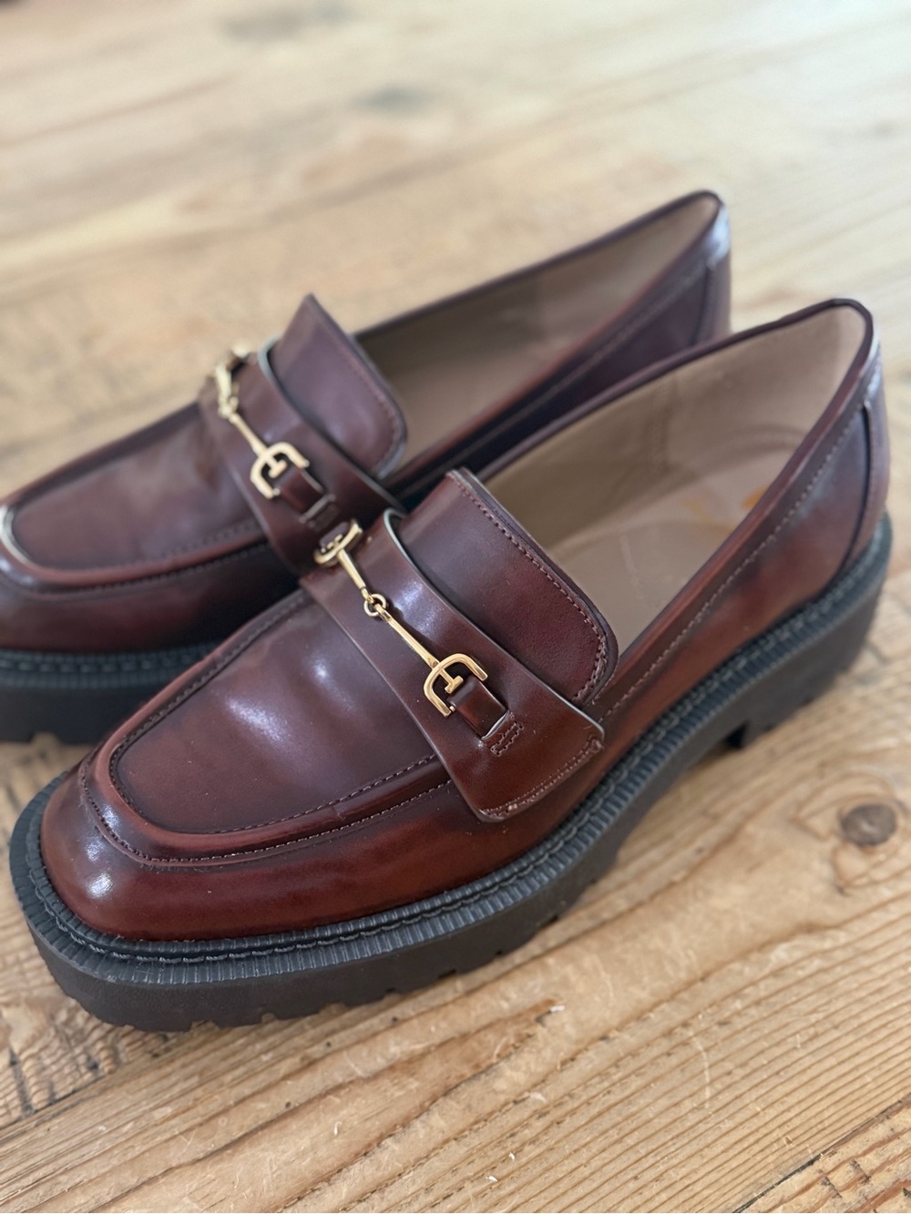 Sam Edelman Brown Leather Loafers with Gold Bit Accent